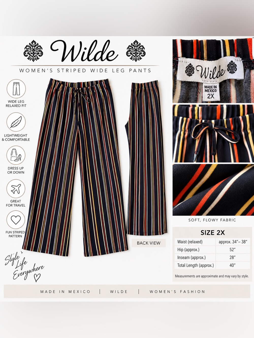 Women's Black Striped Wide Leg Pants - 2X